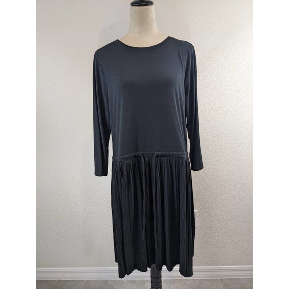 J Jill Pleated Dress Black Large Long Sleeve Drawstring Waist Soft Stretch Knee - Picture 4 of 9